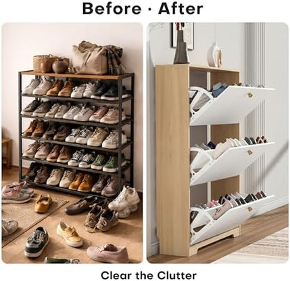 Nicetree Shoe Storage Cabinet with 3 Flip Drawer, Narrow Slim 3-Tier Shoe Organizer, Shoe Cabinet Storage for Entryway with Top Shelf and Hooks, Freestanding Wooden Shoe Rack, Natural Oak and White