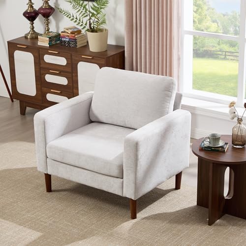 Kingfun Chenille Accent Chair, Mid Century Modern Reading Armchair with Solid Wood Legs, Upholstered Living Room Chair for Bedroom and Apartment
