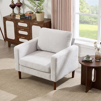 Kingfun Chenille Accent Chair, Mid Century Modern Reading Armchair with Solid Wood Legs, Upholstered Living Room Chair for Bedroom and Apartment