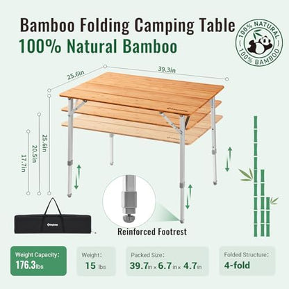 KingCamp Bamboo Folding Camping Table, 4-Fold Adjustable Outdoor Table