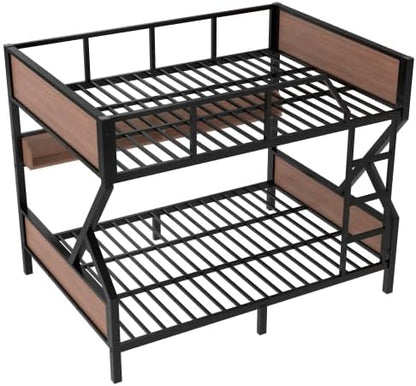 Bellemave Bunk Bed Queen Over Queen with LED, Heavy Duty Metal Bunk BedFrame with Storage Shelves and Lights, Black
