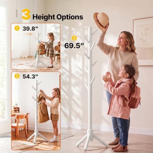 AMADA Solid Wooden Coat Rack Freestanding with 8 Hooks, White