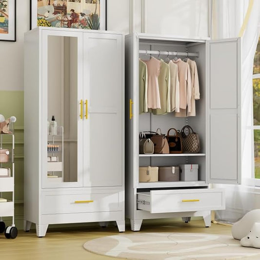 Metal Armoire Wardrobe Closet Storage Cabinet with Mirror White, 71'' Wardrobe Cabinet with Hanging Rod Metal Closet with Adjustable Shelf and Drawer for Bedroom, Laundry Room, Cloak Room