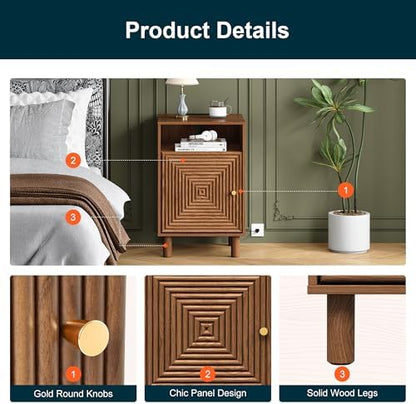 RoyalCraft Walnut Nightstand with Charging Station, End Table with Storage