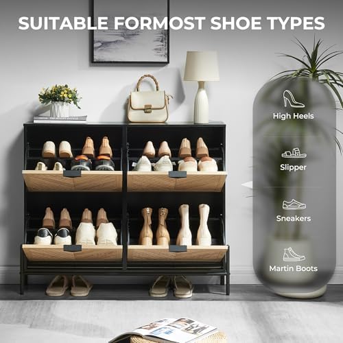 Shoe Cabinet with 4 Flip Drawers, Narrow Entryway Rack, Oak&Black
