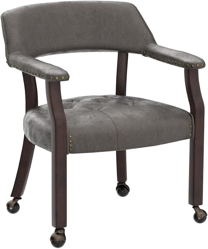 LEEMTORIG Set of 4 Dining Chairs with Casters and Arms, Rolling Dining Chairs with Wheels for Elderly, Ergonomic Wide Seat Wooden Office Chair, 26" Dx25.2 W, Cherry Legs&Dark Brown Fabric SY-1533-DK