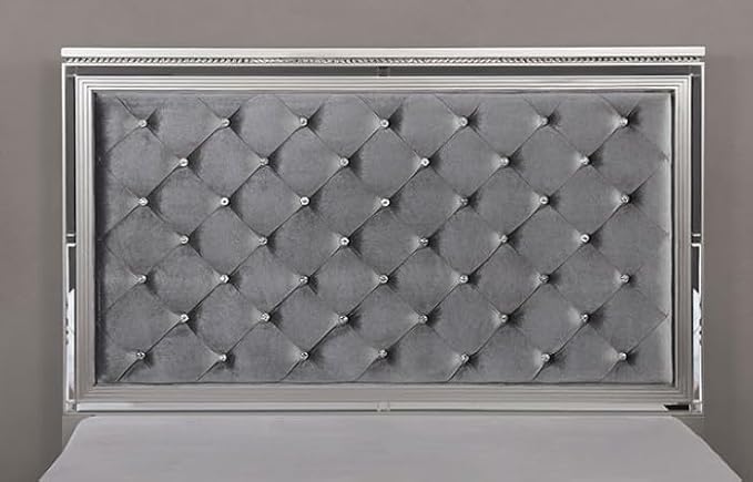 First of a kind Queen Size Glam Bedroom Furniture 4 Piece Set in Silver - Button Tufted Headboard, Mirror Panels Crystal Acrylic, Bed, Dresser, Mirror, Nightstand, USB Charging Hidden Jewellery Drawer