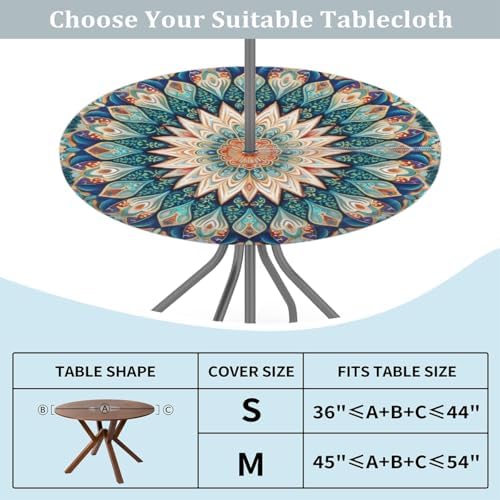 Mandala Outdoor Round Fitted Tablecloth with Umbrella Hole Zipper 45-56
