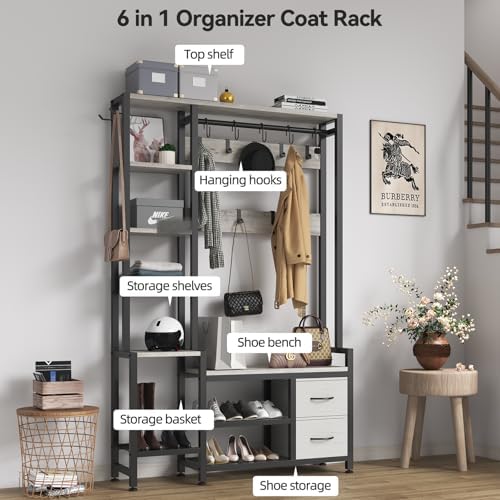 Hall Tree for Entryway 43", Bench with Shoe Storage, Large Coat Rack Shoe Bench with 5 Tier Shelves, 5 in 1 Design Front Door Shoe Rack and Wall Rack Hooks, and 2 Drawers (Rustic White)