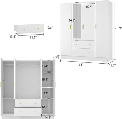FUNSIR 4 Doors Bedroom Wardrobe, Wood Armoire with Mirror, 2 Clothes Hanging Rails, 5 Storage Shelves and 2 Drawers, 63" Wide Bedroom Storage Unit Clothes Organizer, White(70.9" H)