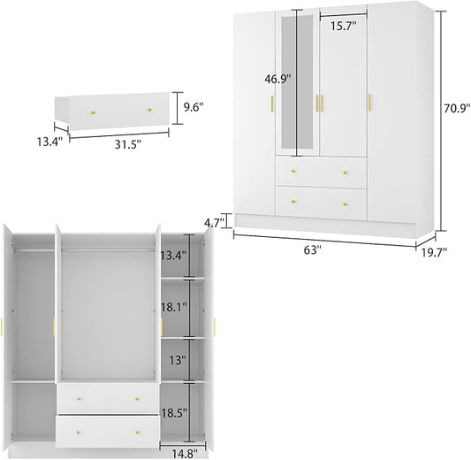 FUNSIR 4 Doors Bedroom Wardrobe, Wood Armoire with Mirror, 2 Clothes Hanging Rails, 5 Storage Shelves and 2 Drawers, 63" Wide Bedroom Storage Unit Clothes Organizer, White(70.9" H)