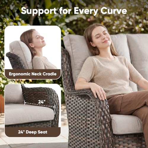 Belord Patio Sofa Luxury PE Wicker 3-Seater Outdoor Couch, Modern All-Weather High Back Deep Seat Woven Furniture Set for Porch, Deck, Balcony, Backyard - Brown/Beige