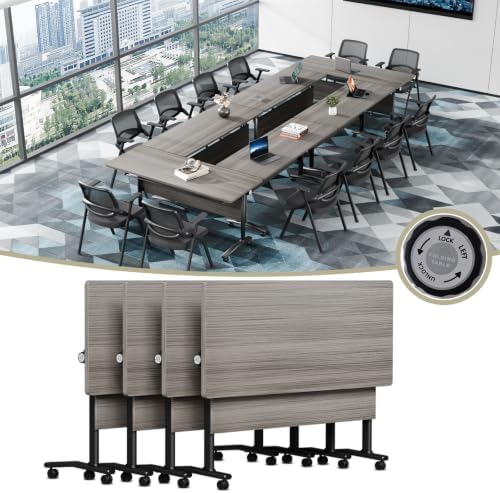 Modern Conference Table, Folding Modular Conference Room Tables with Wheels, Flip Top Mobile Training Table for 6-12 People, Foldable Rectangle Meeting Seminar Tables for Office(Elm, 4PCS 47.2in)