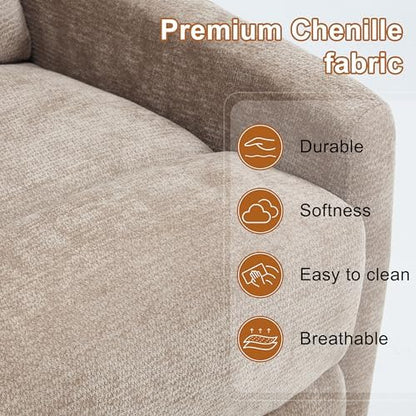 Luxlen Manual Swivel Rocker Recliner Chair with Vibration Massage, Overstuffed Glider Chair with Lumbar Heat for Nursery, Living Room Reclining Sofa Chair, Chenille Fabric Khaqi