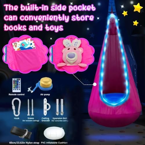 Light Up Kids Pod Swing, Indoor Outdoor Hammock Seat w/ LED Lights,Rose Red