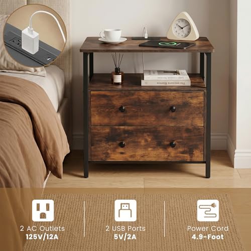 27" Nightstand Set 2 with Charging Station & 2 Drawer, Retro Brown