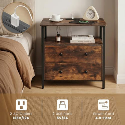 27" Nightstand Set 2 with Charging Station & 2 Drawer, Retro Brown