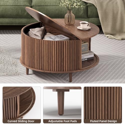 Round Coffee Table with Storage,31.5",Walnut