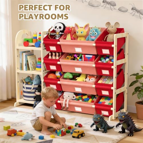 Storage Organizer with 12 Bins and Bookshelf, 47.4-Inch Wide Bookcase for Bedroom, Living Room, or Family Room