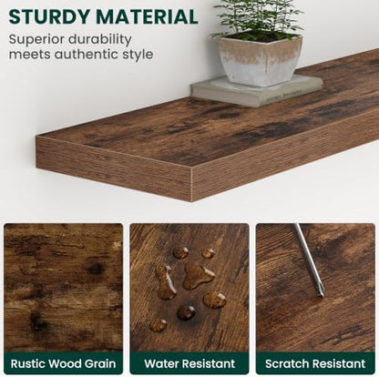 12 Inch Deep Floating Shelves Brown, 48 Inch Long, 2" Thick Floating Shelves for Wall, Hidden Bracket, Scratch-Resistant Wood Grain for Bedroom Bathroom Kitchen, Coffee Bar, Bookshelf