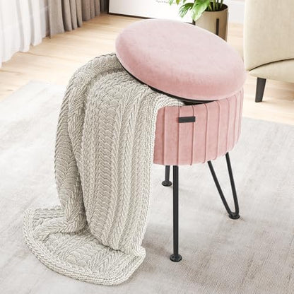 Round Ottoman with Storage, Pleated Velvet Storage Ottoman, Foot Stool Ottomans, Makeup Vanity Stool, Small Ottomans Foot Rest, Modern Vanity Stools for Living Room and Bedroom, Pink