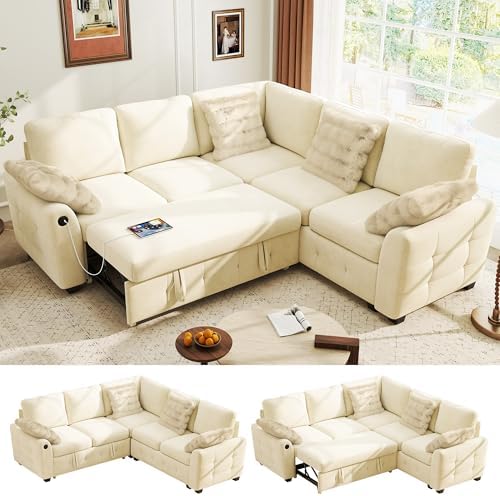 Ihanherry L-Shaped Sectional Sofa Bed with Storage, 5-Seater Convertible Pull Out Sleeper Sofa with USB Charging Ports, 4 Pillows & Wide Armrests, Chenille Fabric for Living Room, Apartment（Beige）