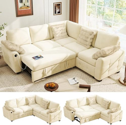 Ihanherry L-Shaped Sectional Sofa Bed with Storage, 5-Seater Convertible Pull Out Sleeper Sofa with USB Charging Ports, 4 Pillows & Wide Armrests, Chenille Fabric for Living Room, Apartment（Beige）