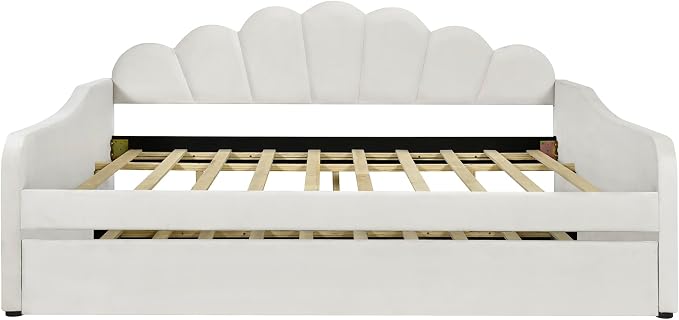 Ball & Cast Full Size Daybed with Trundle,Velvet Upholstered Day Bed Frame Full with Shall Shaped Backrest and Wood Slat Support,No Box Spring Needed,White