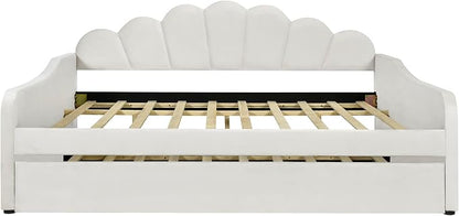 Ball & Cast Full Size Daybed with Trundle,Velvet Upholstered Day Bed Frame Full with Shall Shaped Backrest and Wood Slat Support,No Box Spring Needed,White