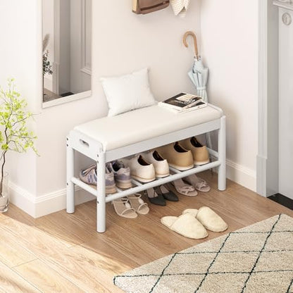 Shoe Storage Bench with Cushion - 2 Tier Shoe Rack for Front Door Entrance, Wood Shoes Rack, Entryway Bench with Shoes Storage for Closet,Hallway,Bedroom&Living Room(White, 31.5" W)