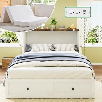 AMERLIFE Full Distressed White Murphy Bed with 6" Tri-Fold Foam Mattress