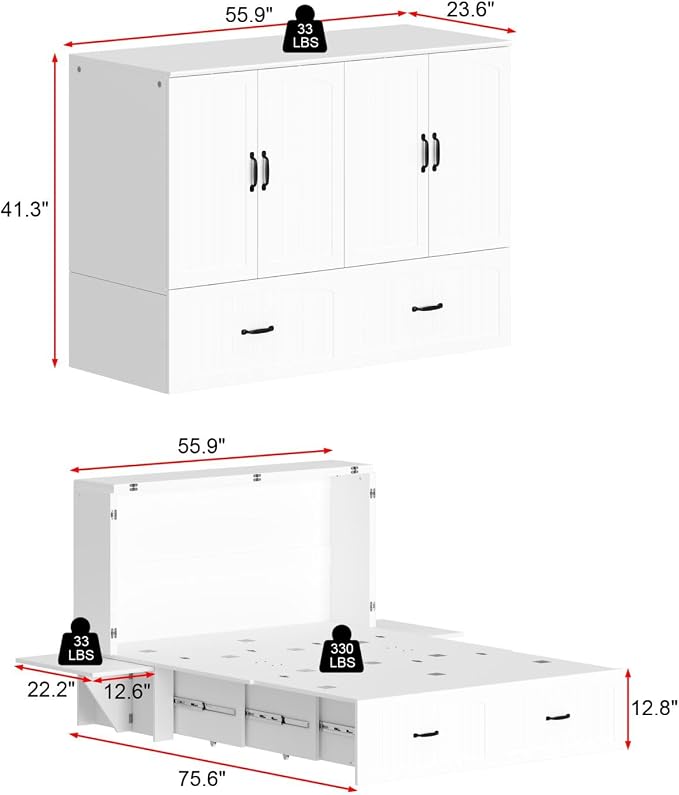 Full Murphy Bed with Drawer, Folded Cabinet Bed with Wheels & Black Metal Handles, Modern Murphy Bed Cabinet for Bedroom Guest Room White 75.6”L x 55.9”W x 41.3”H
