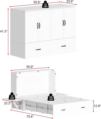 Full Murphy Bed with Drawer, Folded Cabinet Bed with Wheels & Black Metal Handles, Modern Murphy Bed Cabinet for Bedroom Guest Room White 75.6”L x 55.9”W x 41.3”H