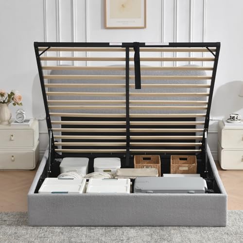VELOCAVA Full Size Lift-Up Storage Bed, Modern Upholstered Boucle Bed with Curved Headboard, Gas Lift Platform, Sturdy Wooden Slat Support, No Box Spring Needed, Easy Assembly, Light Gray