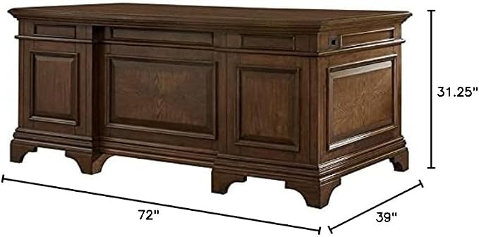 Pemberly Row Executive Desk, 72" W x 39" D x 31.25" H, Burnished Oak Finish, Wood Construction, Lockable File Cabinets, Felt-Lined Drawers, Bronze Hardware, Traditional Home Office Desk for Workspace
