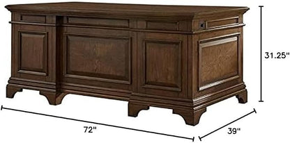 Pemberly Row Executive Desk, 72" W x 39" D x 31.25" H, Burnished Oak Finish, Wood Construction, Lockable File Cabinets, Felt-Lined Drawers, Bronze Hardware, Traditional Home Office Desk for Workspace