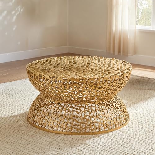 35" Gold Aluminum Round Coffee Table with Geometric Cutout Base