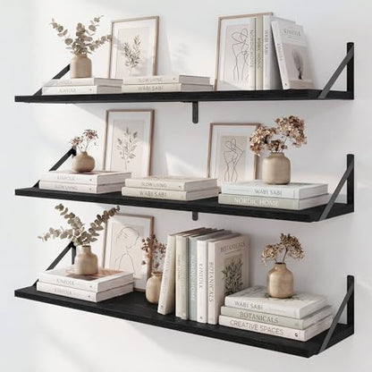 Long Wall Shelves for Bedroom, Set of 3 Large 40-Inch Floating Bookshelves, Rustic Wood Display Shelf for Home and Office (Black)