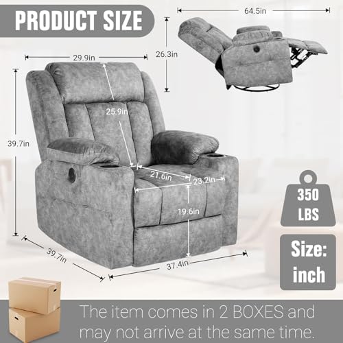 LAFWELL Retro Rocking Recliner Chair, Massage Rocker Recliner Chair with Vibration Massage and Heat, USB and Type-C Ports,360° Swivel Chairs, Living Room, Bedroom, Nursery, RV, Light Grey