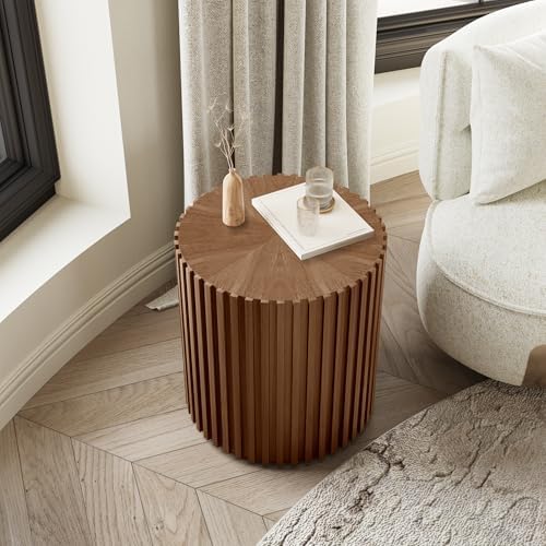 POVISON Fluted Side Set of 2, 20.08" Round End Side Table with Fluted Design for Living Room Bedroom Office, Light Walnut