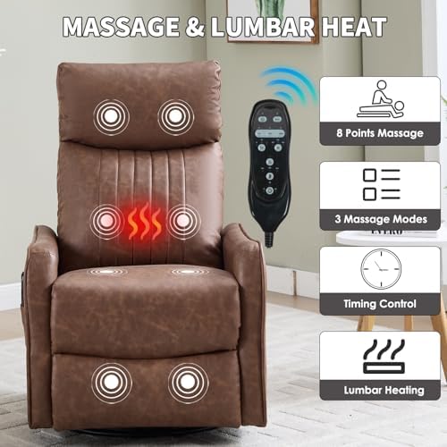 Trustyue Swivel Rocker Recliner Chair, 360° Swivel Recliner with Heat and Massage, Rocker Recliner Nursery Glider Chair with Side Pockets for Living Room (Dark Brown, Faux Leather)