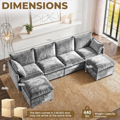 LEVELEVE 146" U-Shape Modular Sofa with 2 Ottomans, Deep Seat Cloud Convertible Sleeper, 2 Arm Pillows, Cozy Large Upholstered Furniture for Living Room Apartment, Dark Grey
