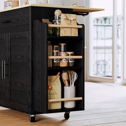 IRONCK Kitchen Island with Storage, Charging Station and Drop Leaf, Black