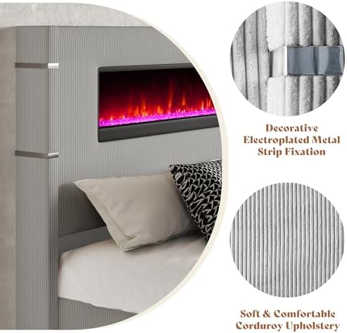 AMERLIFE King Bed Frame with Fireplace, Upholstered Headboard, Light Gray