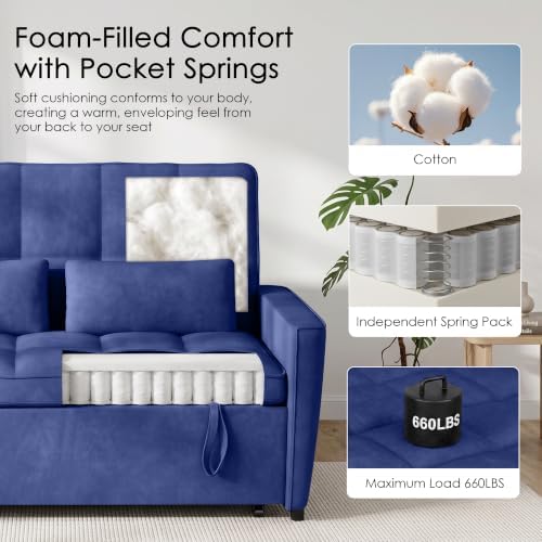 54'' Sleeper Sofa Bed, Convertible Pull Out Couch with Adjustable Backrest, Side Pockets & 2 Lumbar Pillows, Velvet Fabric Loveseat for Living Room, Apartment & Small Spaces (Blue)
