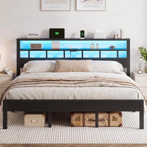 King Size Bed Frame with Charging Station and LED