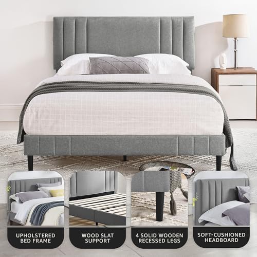 Decoro Chicago Channel Tufted Upholstered Platform Bed, Light Gray, Queen