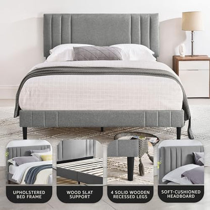 Decoro Chicago Channel Tufted Upholstered Platform Bed, Light Gray, Queen