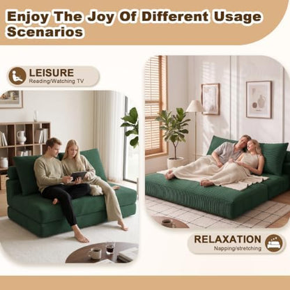 Folding Sofa Bed, 3-in-1 Convertible Sleeper Chair Bed with Pillows, Foldable Boneless Couch with High-Density Foam, Futon Floor Couch for Living Room Bedroom Lounge, Loveseat, Green