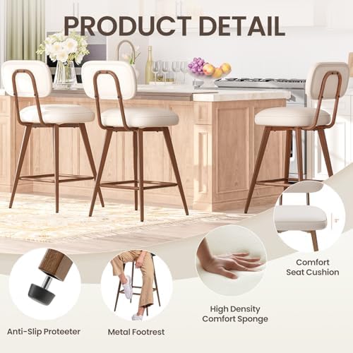 MALOL 26“ PU Leather Swivel Bar Stools Set of 4, Beige